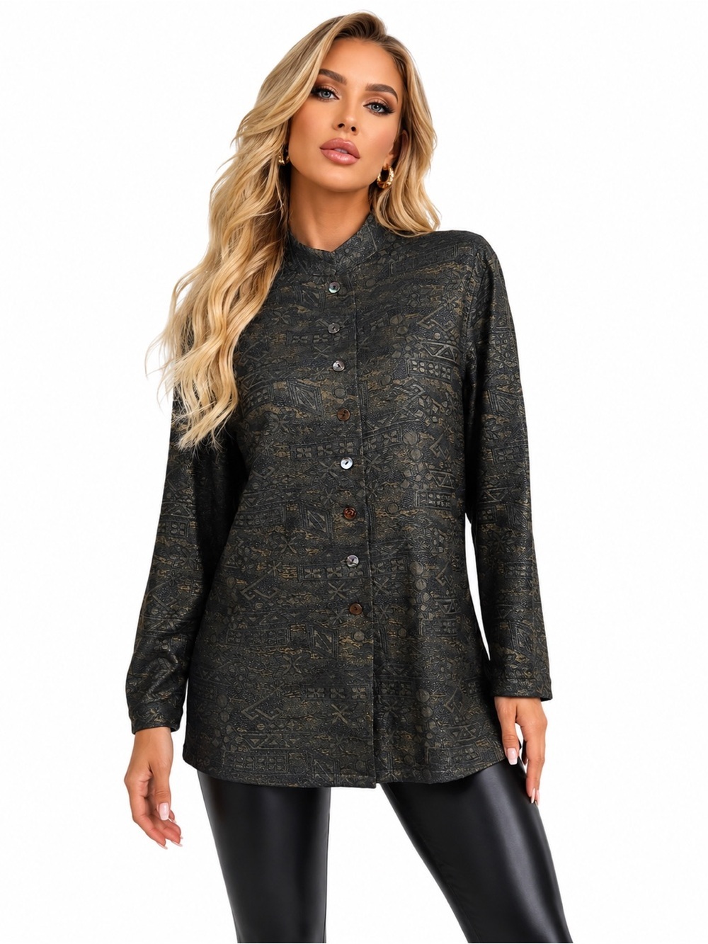 Chico’s Size 2 (L-12) Black Shimmer Button Front Tunic Jacket Geometric Print
